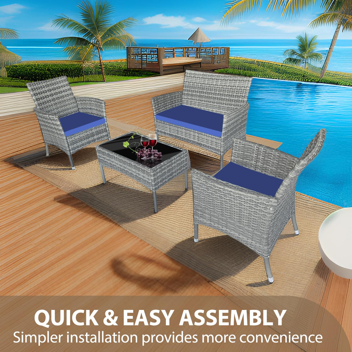 CHNBJY Patio Furniture Set 4 Pieces Outdoor Rattan Chair Wicker Sofa Garden Conversation Bistro Sets for Yard,Pool or Backyard (Grey + Blue Cloth) CHNBJY