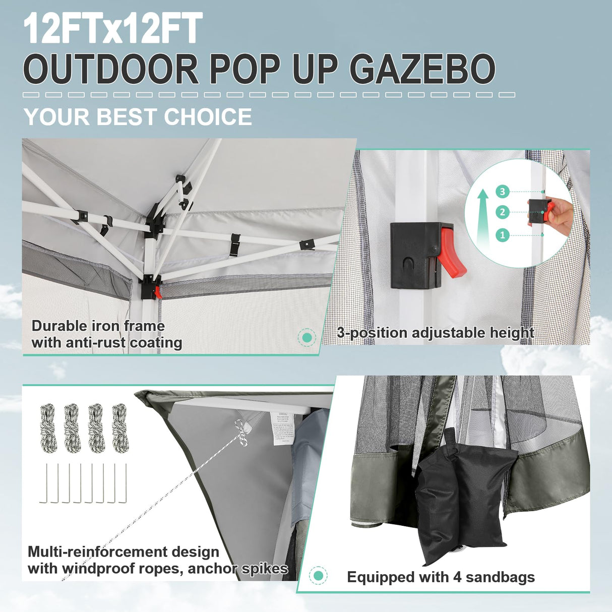 COBIZI 12x12 Pop up Gazebo on Clearance with Mosquito Netting & Sandbags, Outdoor Canopy Tent with 4 Ropes 8 Stakes & Portable Carrying Bag, Patio Portable Gazebo for Garden Backyard & Lawn,Darkgrey COBIZI