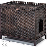 SETVSON Cat Litter Box Enclosure Furniture, Hidden Handwoven Rattan Litter Box with Mat, Large Cat House with Metal Heightened Feet, 30.3 x 18.3 x 28 Inches, Indoor for Living Room, Bedroom Brown SETVSON