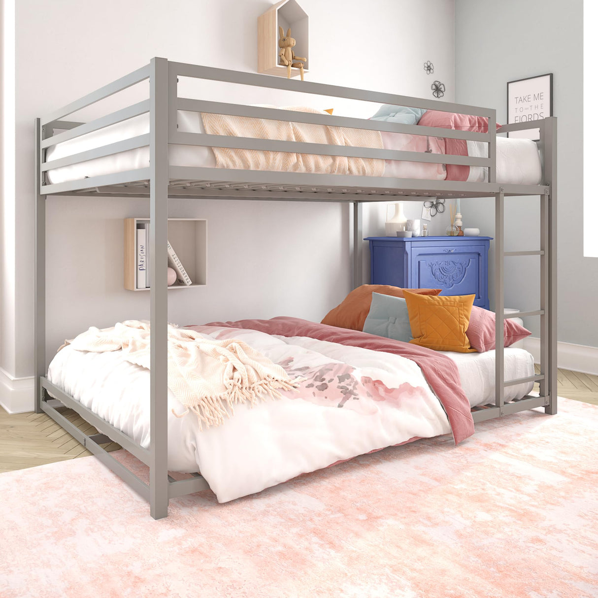 DHP Miles Low Metal Bunk Bed Frame for Kids, With Built-in Ladder, High Guardrail and Metal Slats, Floor Bed Bottom Bunk, No Boxspring Required, For Small Spaces, Full-Over-Full, Silver DHP