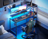 ODK Reversible Gaming Desk with Power Outlets and LED Lights, 48 Inch Computer Desk with Storage Shelves and Monitor Stand, Modern Writing Study Desk for Home Office, Carbon Fiber Black ODK