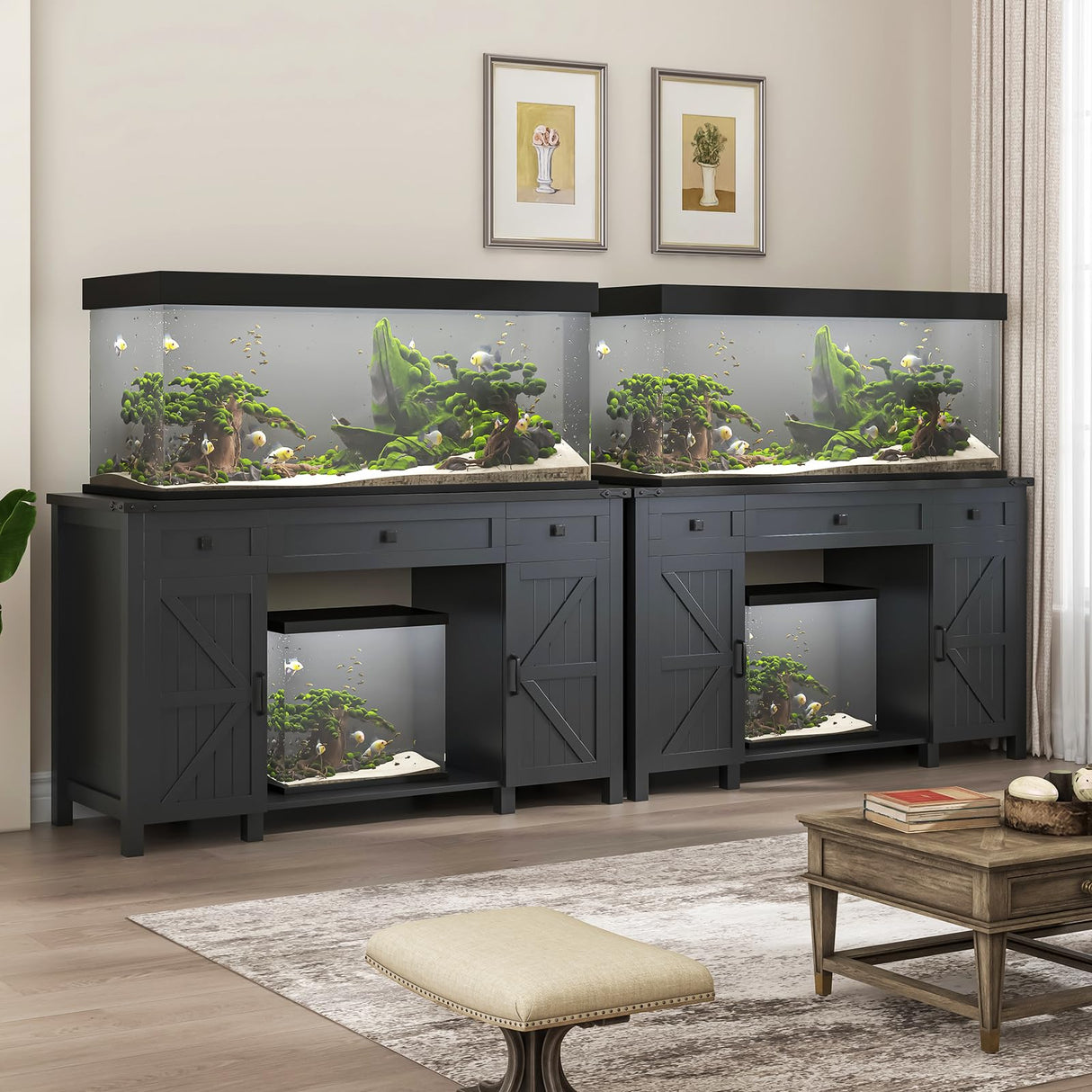 Saudism 55-75 Gallon Aquarium Stand With Charging Station, Farmhouse Fish Tank Stand, Reptile Tank Stand Terrarium Stand with Drawer and Cabinet Storage, Sturdy Heavy Duty 53.5"×19.7" Tabletop - Black Saudism