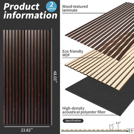 AMZDEPOT Wood Slat Wall Panel, 48'' x 24'' Wood Panels for Wall, 3D Soundproof Wall Panels, Large Acoustic Panels for Interior Ceiling and Wall Decor Noise Reduction, 2 Pack, Walnut AMZDEPOT