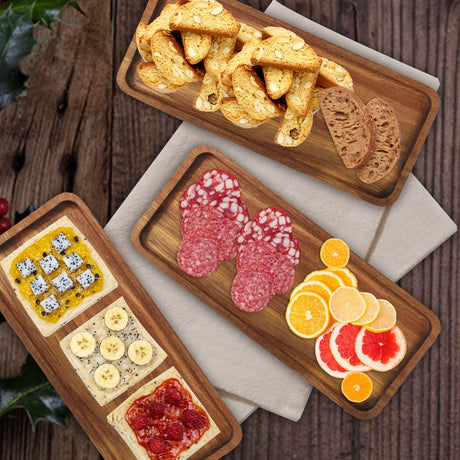 Wooden Serving Platter, 11.8 x 5.1 Inch, Set of 3, Acacia Wood Tray, Perfect for Serving Charcuterie, Desserts, Dips, Sushi, Parties, Family Gatherings, Weddings, and Home Decor, by GNIEMCKIN. GNIEMCKIN