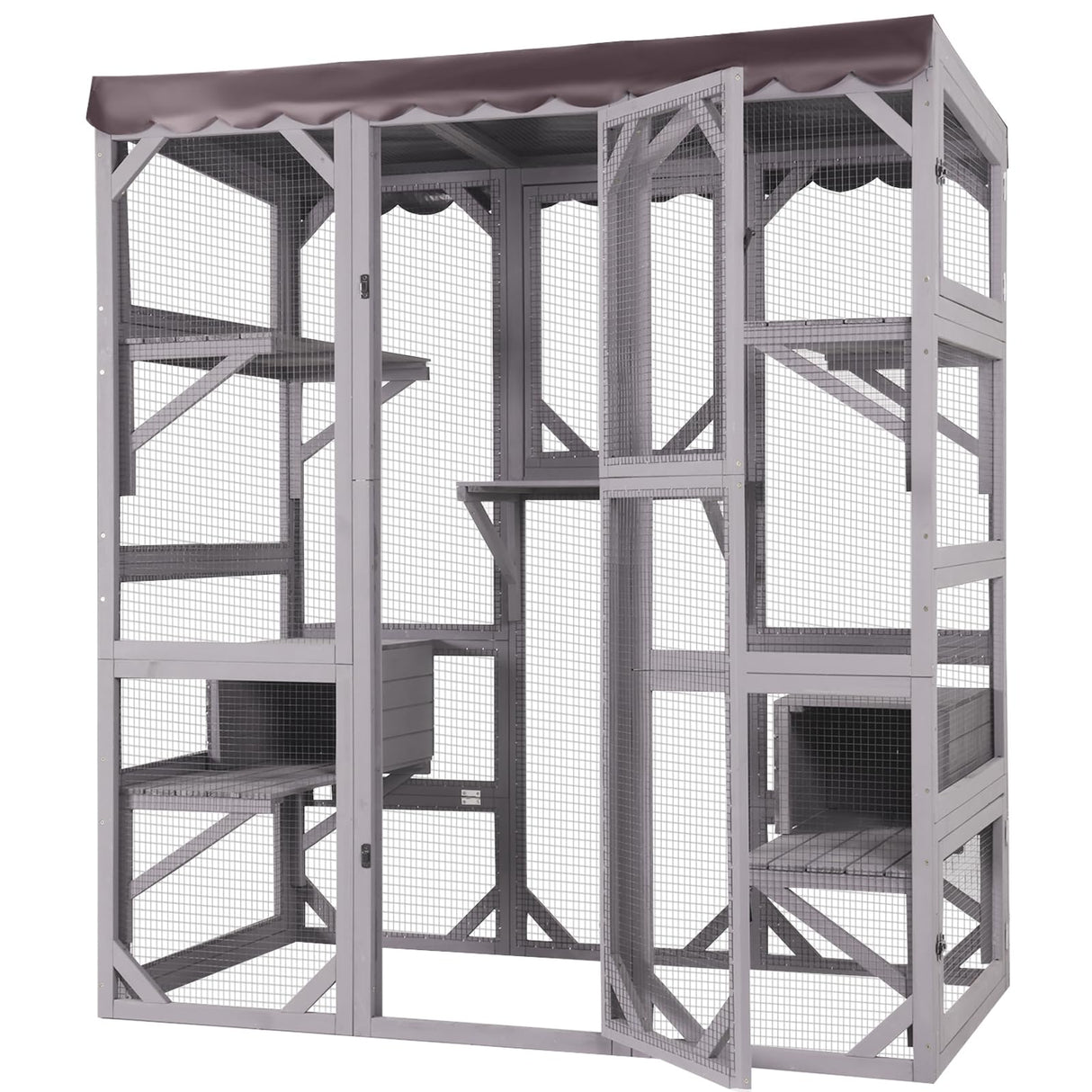 Large Catio Outdoor Cat Enclosure with Condos, Wood Catio Walk in Cat House, Kitty Shelter Indoor with Waterproof Roof Suumerpety