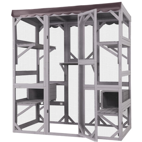 Large Catio Outdoor Cat Enclosure with Condos, Wood Catio Walk in Cat House, Kitty Shelter Indoor with Waterproof Roof Suumerpety