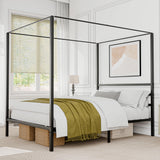 SUPER DEAL Metal Canopy Bed Frame Queen Size Four Poster Bedframe with Built-in Headboard 14 Inch Platform Mattress Foundation Sturdy Slatted Structure No Box Spring Needed Easy Assembly, Black SUPER DEAL