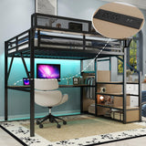 MoproBeti Queen Size Loft Bed with Stairs and Desk, Metal Lofts Bed Queen with Upper Storage Shelf, Gaming LoftBed with LED, Charging Station and Wardrobe for Teens, Adults,Black MoproBeti
