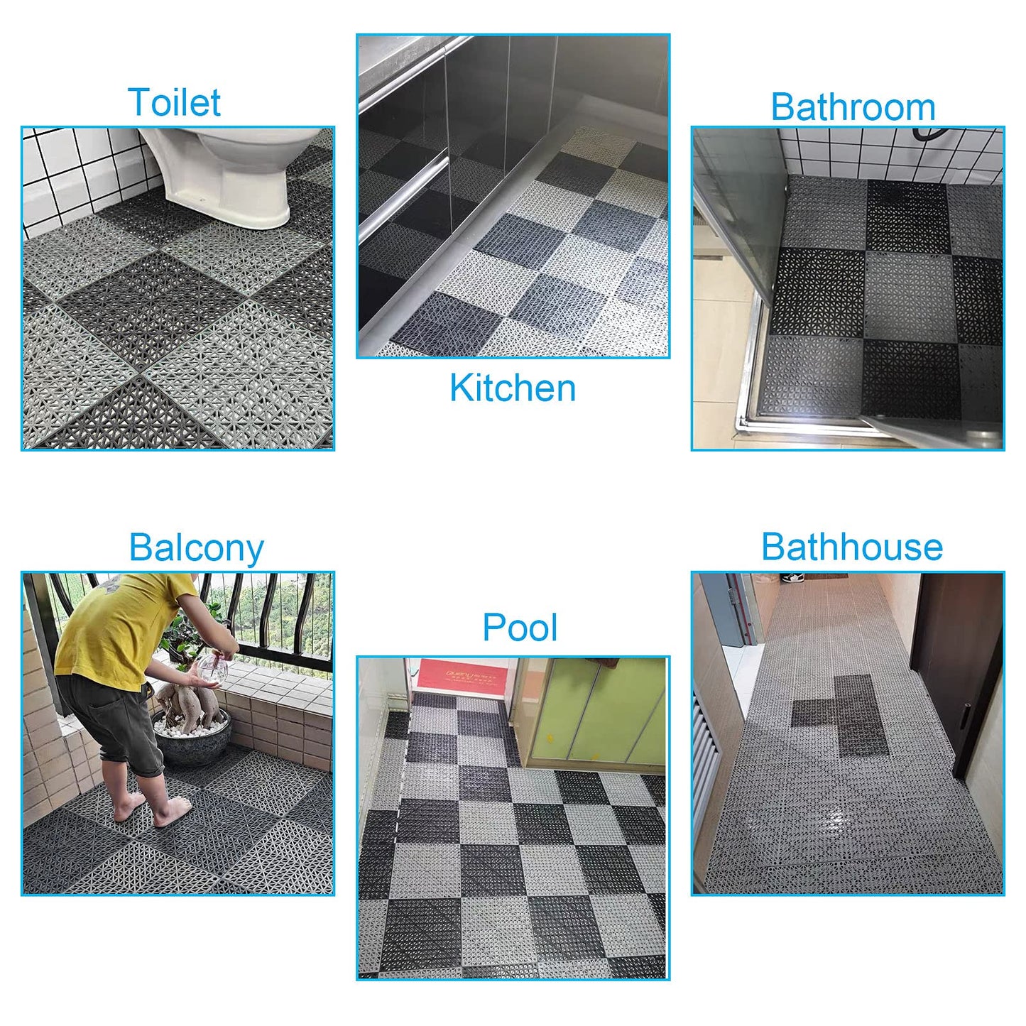 FengWu 12 Pack 12 x 12 Interlocking Rubber Bathroom Flooring Tiles Non-Slip Splicing Waterproof Mat Modular Interlocking Cushion Mat for Drain,Deck,Pool, Patio, Balcony, Shower, Kitchen, Yard, Grey