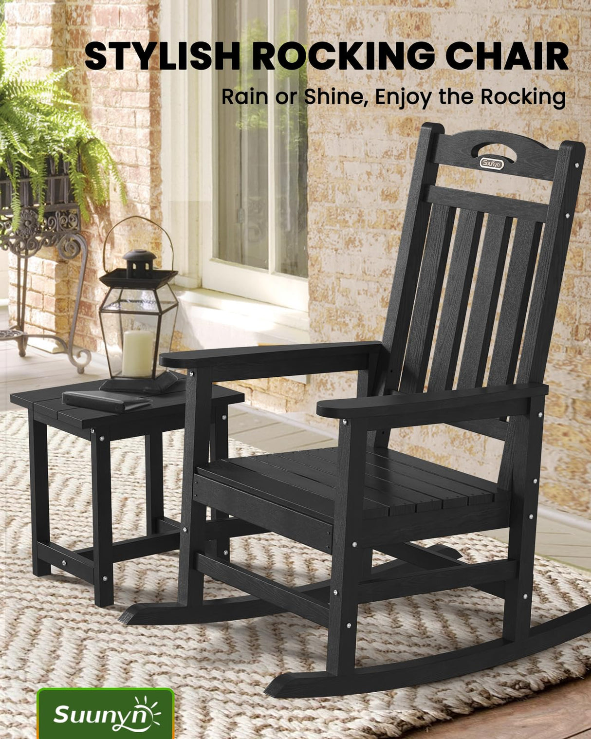 SUUNYN Outdoor Rocking Chair, High Back Porch Rocker Chair, All Weather Resistant HDPE Oversized Rocking Chairs for Patio, Garden, Lawn, Indoor (Black) SUUNYN