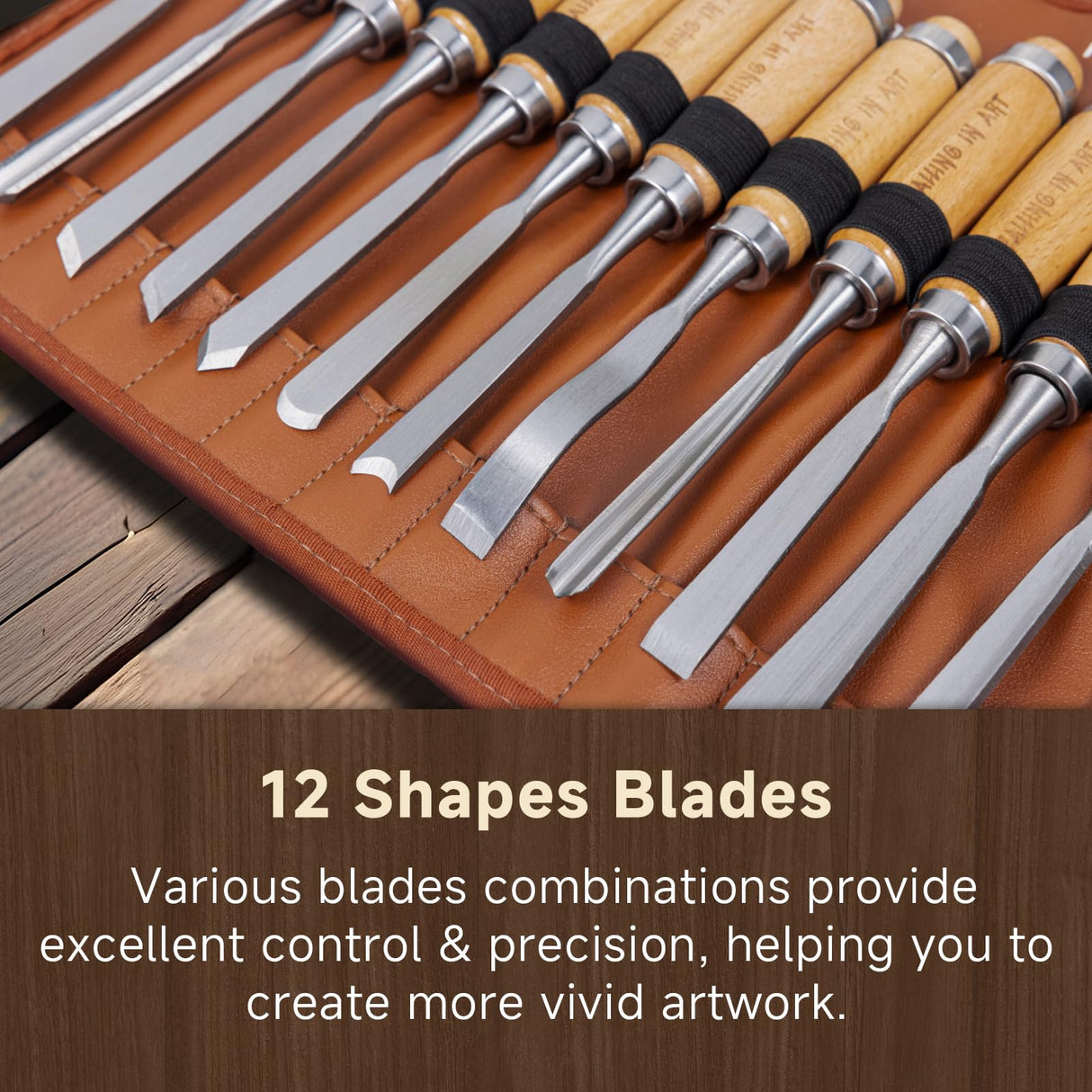Falling in Art 12Pcs Wooden Carving Chisel Set, Woodworking Tools Set with a Leather Pouch, Full Size Knife Gouge Kit for Carving Projects, Ideal for Beginners and Professionals Falling in Art