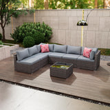 Tradare 7 Pieces Outdoor Patio Furniture Set, Wicker Patio Conversation Sectional Couch Set, All Weather PE Rattan Sofa with Glass Table and Grey Cushions Tradare