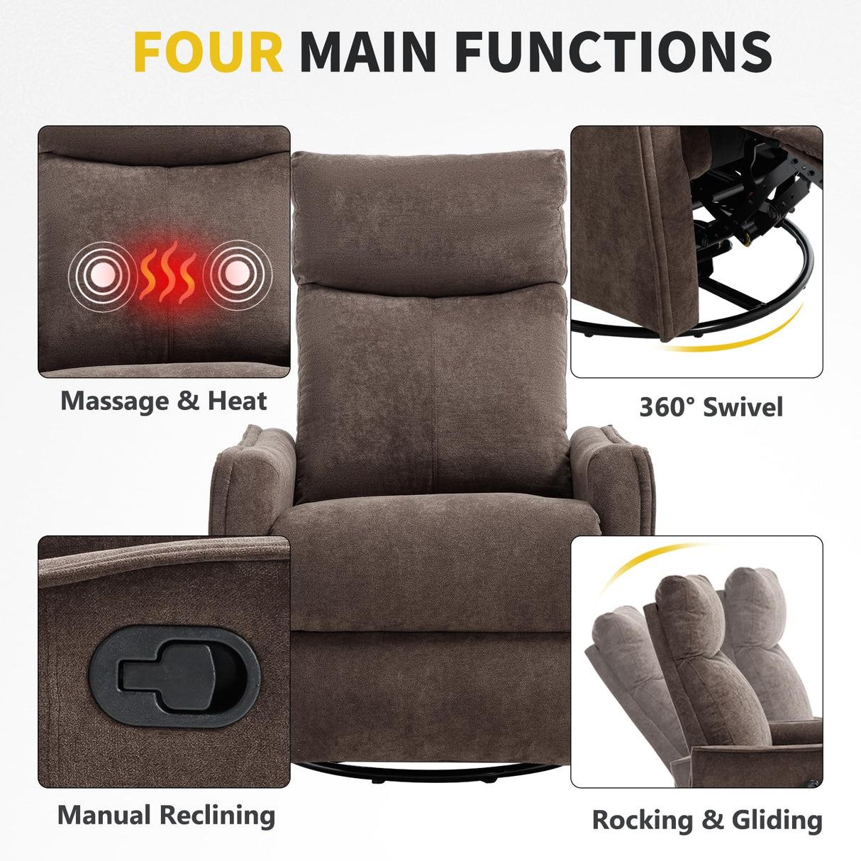 Trustyue Swivel Rocker Recliner Chair, 360° Swivel Recliner with Heat and Massage, Rocker Recliner Easy to Clean Nursery Glider Recliner Chair with Side Pockets for Living Room Brown Trustyue