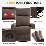Trustyue Swivel Rocker Recliner Chair, 360° Swivel Recliner with Heat and Massage, Rocker Recliner Easy to Clean Nursery Glider Recliner Chair with Side Pockets for Living Room Brown Trustyue