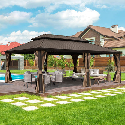 Domi Hardtop Gazebo 14x24FT, Outdoor Gazebo with Galvanized Steel Double Roof, Aluminum Frame, Built-in Gutter System, Curtain and Netting, Metal Gazebo Pavilion for Patio Deck Garden, Brown - WoodArtSupply