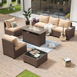 Aoxun 7 Piece Patio Furniture Set with Wide Armrests & 44” Fire Pit Table Wicker Rattan Outdoor Sectional Sofa Set with Coffee Table and Thickened Cushions, Brown/Beige(Waterproof Cover Included) Aoxun