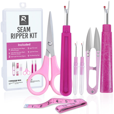 Seam Ripper Kit 7 Pcs - 1 Large, 1 Ergonomic, 2 Small Seam Rippers, Thread Cutter, Scissor, Measuring Tape - Sewing Accessories for Notions Quilting Crafts Riveda