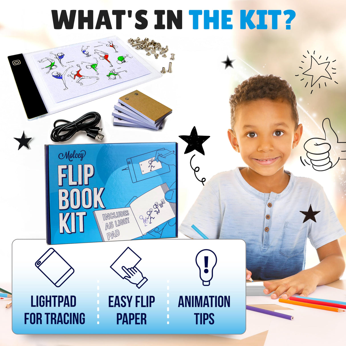 Molcey Flip Book Kit with LED Light Pad. Includes Flipbook Kit Starter Animation, 240 Sheets Blank Animation Paper and Instructions for Making Flip Books, LED Light Pad. for Kids 9-12 6-8 Molcey
