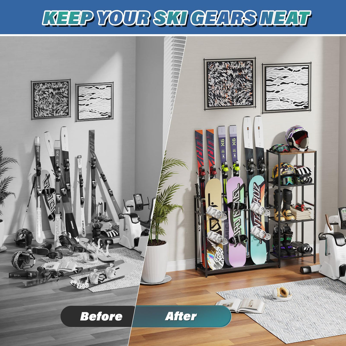 Freestanding Snowboard Rack - 4 Pair Ski, 3 Pack Snowboard, Boot, Pole, Goggles, Helmet Rack for Garage, Shed, Basement Lurgno