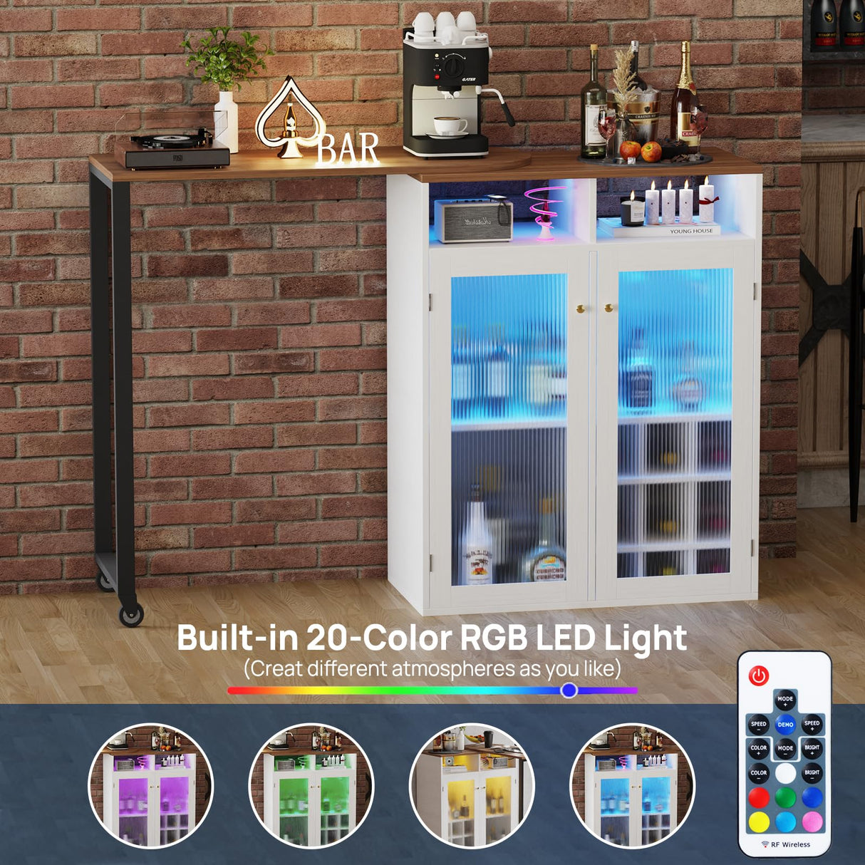 amzzar Wine Bar Cabinet with LED Lights, Small Liquor Cabinet for Home with Glass Holders and Wine Racks, Mini Home Bar with Power Outlet, Modern Rotating Coffee Bar Table for Office (White) amzzar