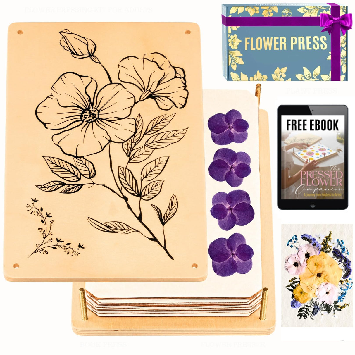 Berstuk Wooden Flower Press for Adults and Teens - Includes Expert Video Tutorials - Large Flower Press Kit 10.8" x 6.9" - Gift-Ready Packaging Ideal for Arts and Crafts Lovers Berstuk