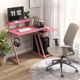 Tangkula L Shaped Gaming Desk with Power Outlets, Small Gaming Computer Desk 39inch with Storage Shelf, Corner Desk with Carbon Fiber Texture, Gamer Desk Gaming Table (Pink) Tangkula