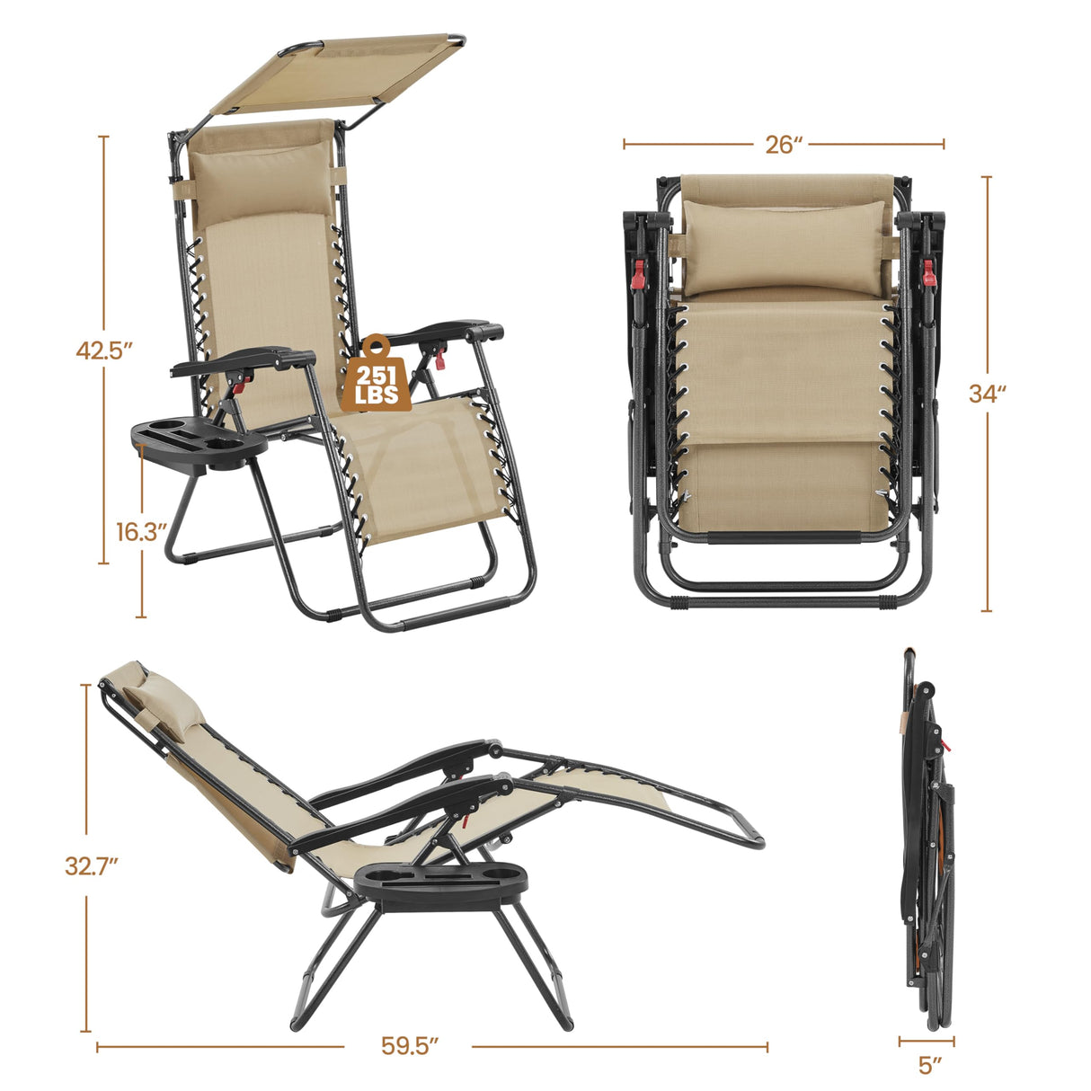 Yaheetech Outdoor Zero Gravity Chair Foldable Recliner Adjustable Patio Lounge w/Canopy Shade, Side Cup Holder Tray, Carry Strap for Garden Beach Lawn Deck Beige/1 Yaheetech