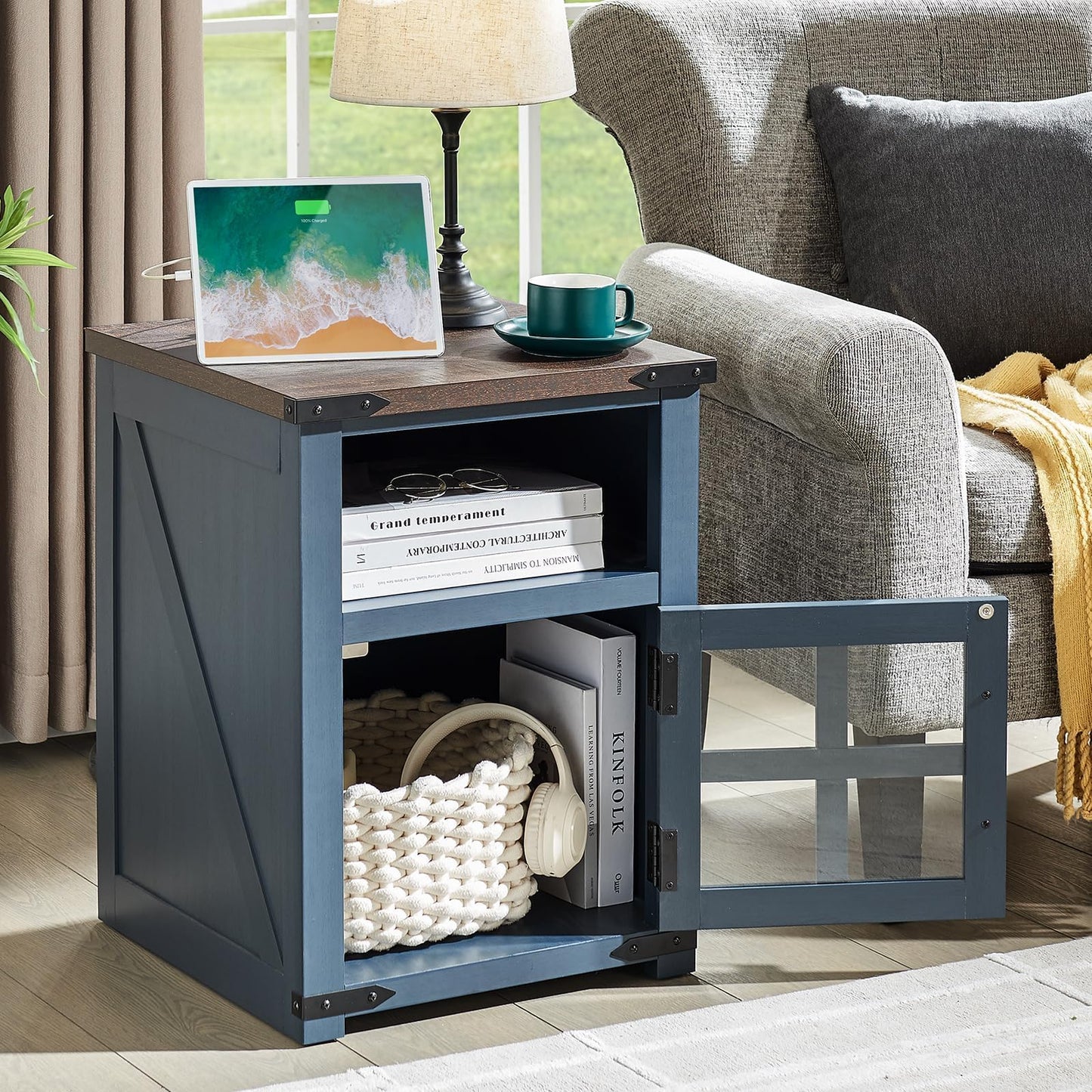 Barnyatoh Farmhouse Nightstand with Charging Station, Rustic End Table with Tempered Glass Barn Door, Wood Sofa Side Bedside Table with Open Storage Shelf for Living Room, Bedroom, Blue