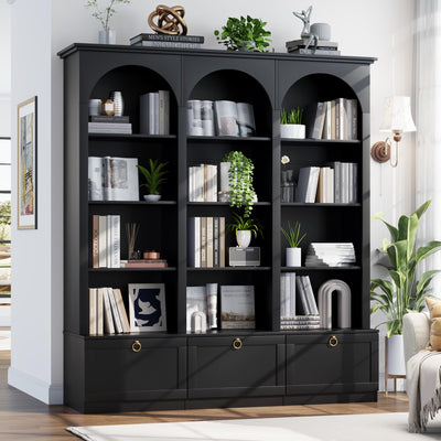 71" Triple Bookshelf with Doors, 5 Tier Tall Bookshelf with Cabinet , Large Book Shelf w/ 12 Adjustable Open Display Shelves & Anti-Tipping, 63" Wide Arched Bookcase for Living Room, Study, Black