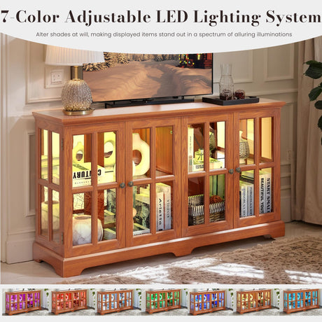 Eyisean 59" W LED Glass Display Case with 7 Color Lights, Smartphone-Controlled, Vintage Curio Cabinet with Glass Doors and Adjustable Shelves, Wooden China Cabinet for Living Room Storage/Display Eyisean