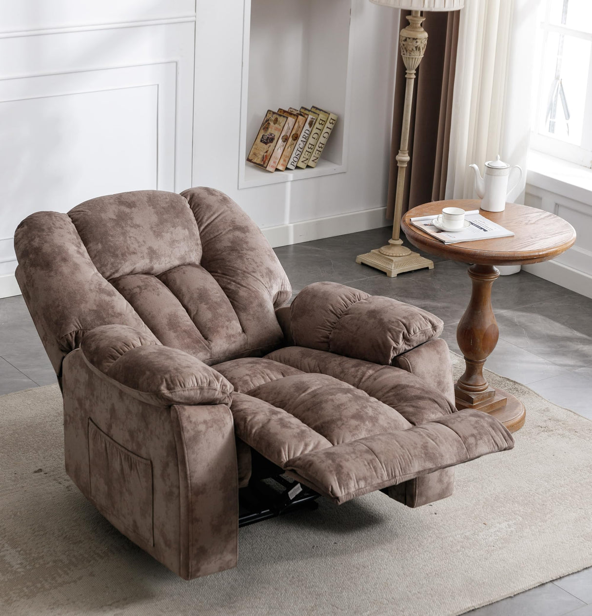 CANMOV Manual Reclining Chair-Overstuffed Recliner Chair with Cup Holder Side Pocket Footrest Fabric Recliners for Living Room Bedroom Apricot CANMOV
