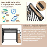 Full Loft Beds with Storage Beside Shelves and Wardrobe, Metal Loft Bed Full with LED Lights and USB Ports, Heavy-Duty Loft Bed Frame for Teens, Adults, Noise-Free & Space-Saving, Black Bellemave