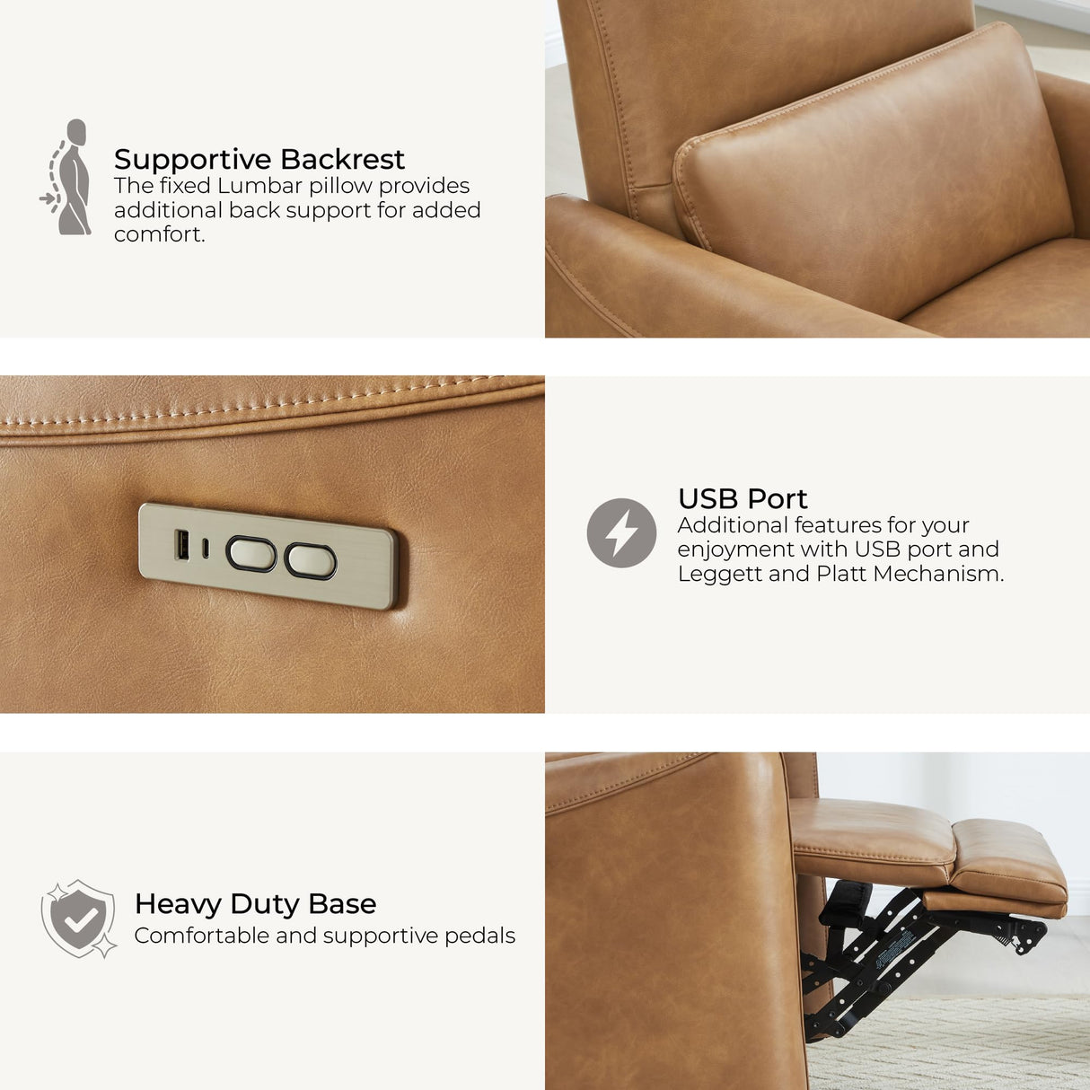 CHITA Power Recliner Chair Swivel Glider, FSC Certified Upholstered Faux Leather Living Room Nursery Reclining Sofa Chair with Lumbar Support, Cognac Brown CHITA
