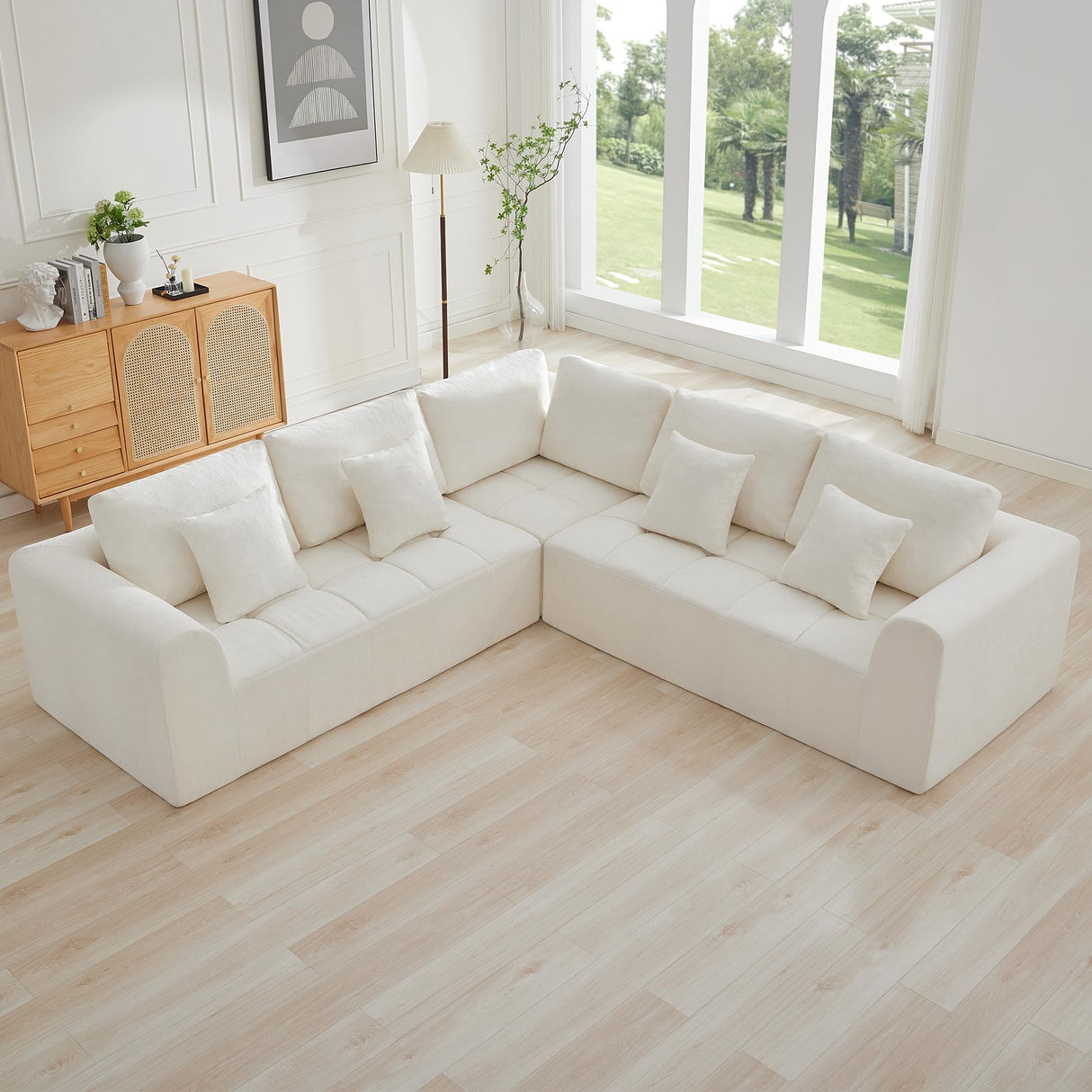 110''Modular Sectional Couches for Living Room, Cloud Boneless Compressed Sectional Sofa, Oversized L Shaped 5 Seater Upholstered Memory Foam Sofa, No Assembly, Chenille Beige WUTUTUEE