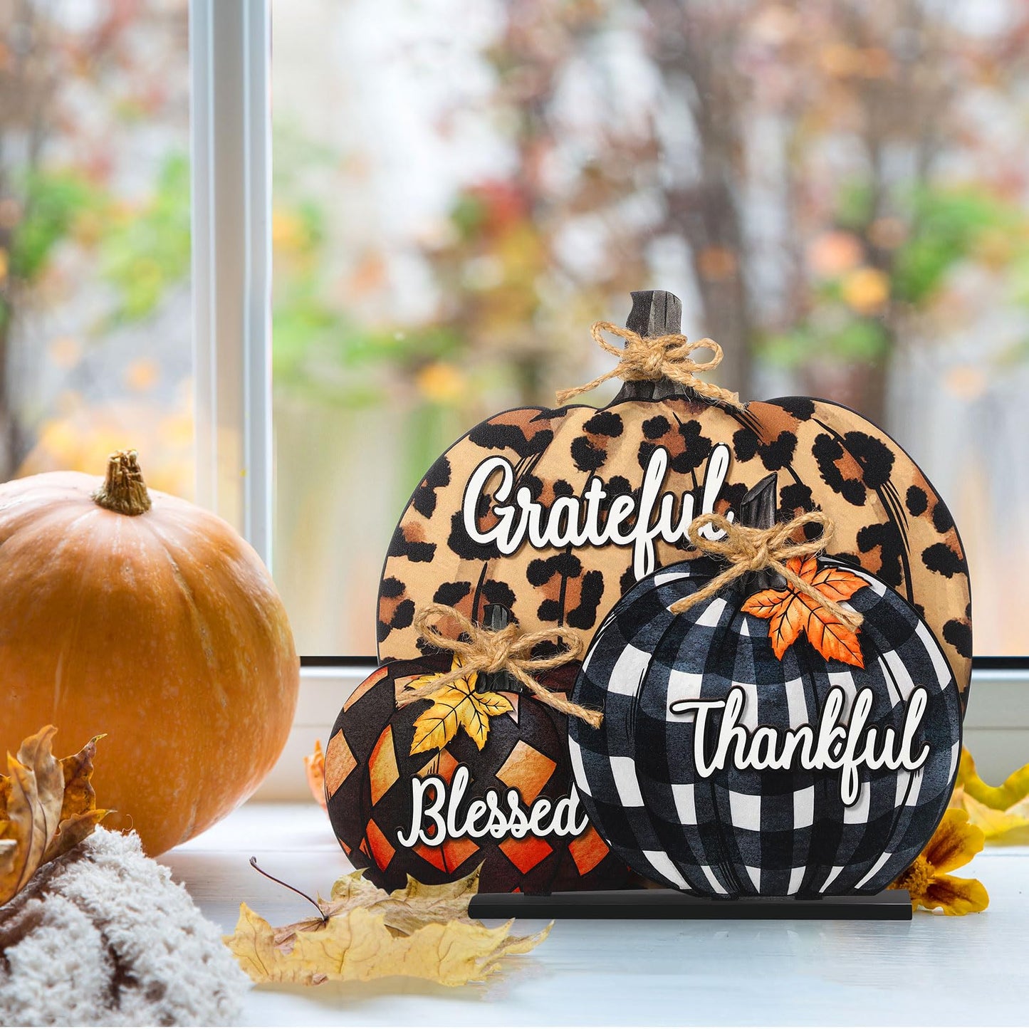 Soaoo Fall Pumpkin Sign Decoration 11 Inch Wooden Pumpkin Table Centerpiece Thanksgiving Autumn Pumpkin Tabletop Sign Blessed Grateful Thankful Sign for Thanksgiving Fall Harvest Home Farmhou - WoodArtSupply