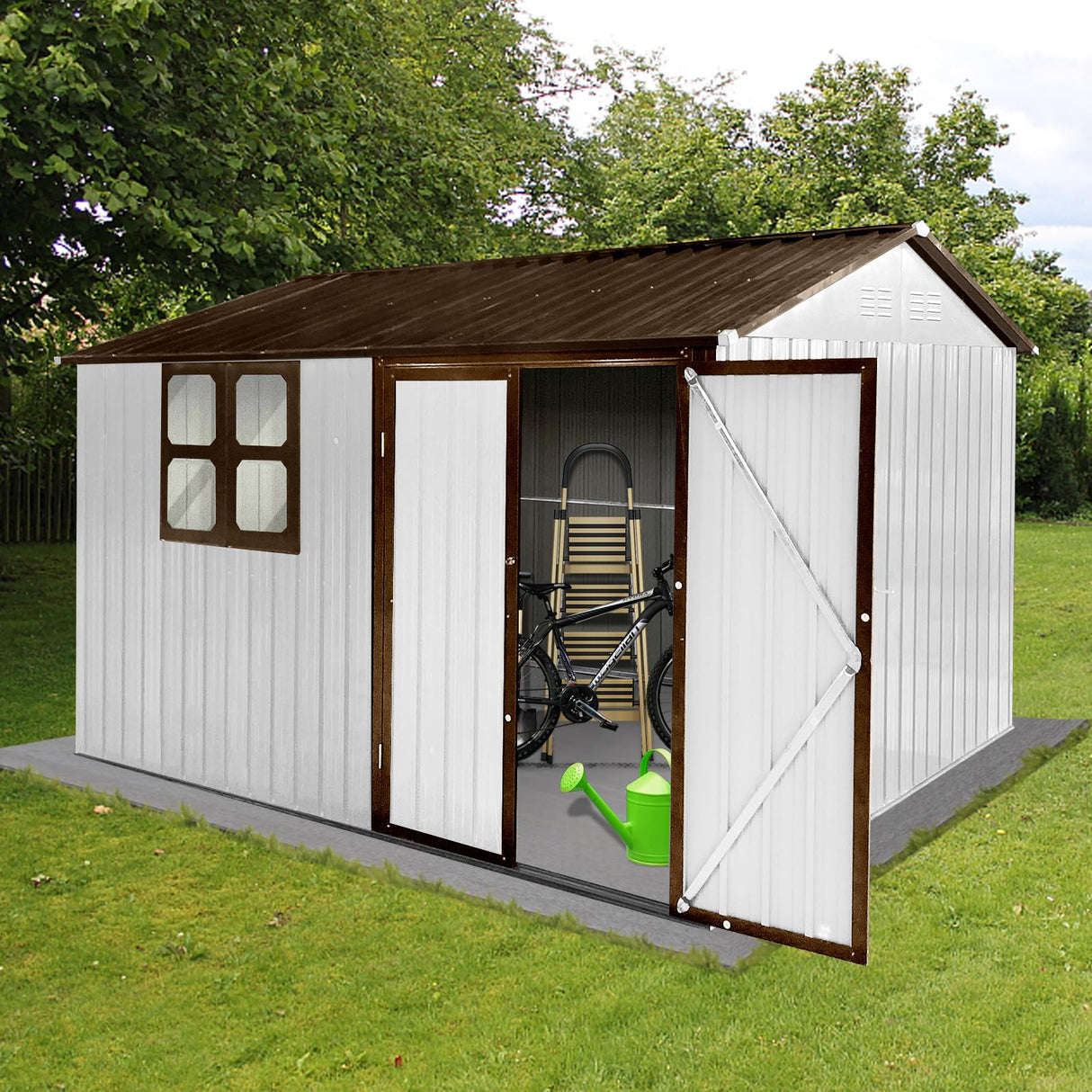 Ball & Cast 10x8 FT Sheds & Outdoor Storage,Metal Garden Shed with Window,Waterproof Cabinet Foldable House W/Lockable Doors and Roofs,for Storing Bicycles,Lawnmowers,Barbeques,White+Coffee Ball & Cast