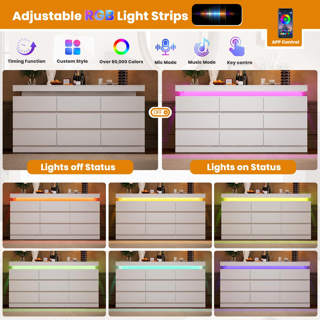 Garvee 9 Drawer Dresser for Bedroom - 63” Wide Chest of Drawers with LED Light and Charging Station, Large TV Stand Multi-Function Home Organizer for Living Room, Entryway, Hallway, White Garvee