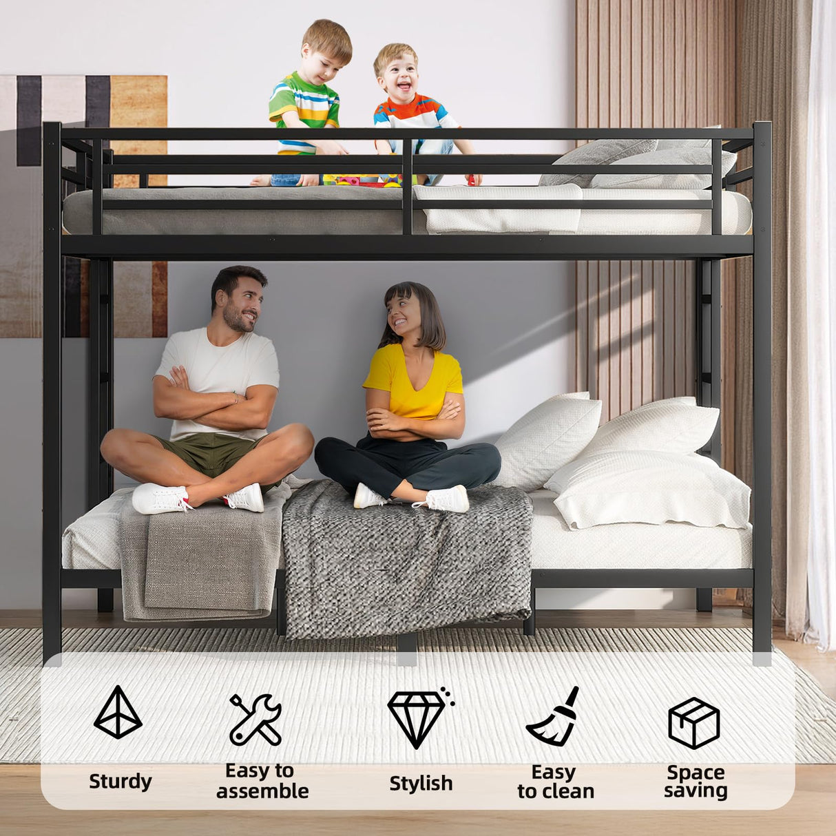 XUWANSHANG Queen Over Queen Bunk Bed Frame, Heavy Duty Metal Loft Bed for Adults/Teens, 400/600LB Capacity w/Ladder & Guardrail, Noise-Free Steel Slats, No Box Spring Required, Black XUWANSHANG