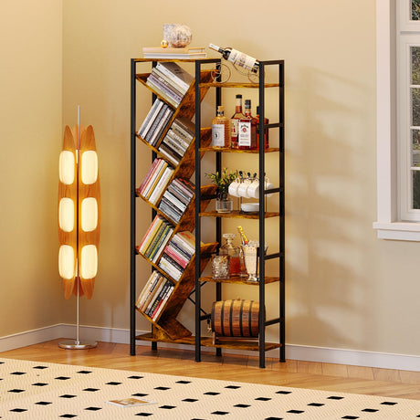 5-Tier Double Wide Bookshelf 67" , Industrial Tree BookShelves, Vintage Storage Rack with 14 Open Shelves, Large Bookcase, Wooden and Metal Bookshelves, Wide Display Rack for Home Office Decorative Cutogxon