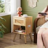 WLIVE Rattan Nightstand with Charging Station, Boho Night Stand, Small Bedroom Side Table, End Table with Drawer and Storage, Wood Bedside Table for Bedroom, Small Spaces, Natural Oak WLIVE