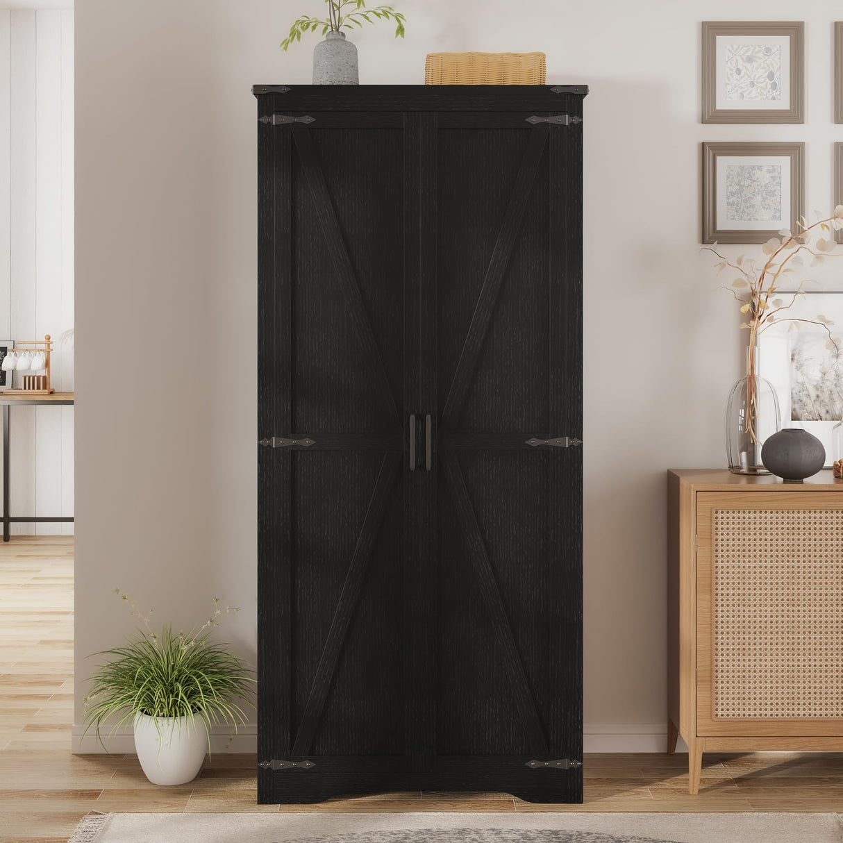 Befrases 72" H Black Farmhouse Storage Cabinet with Adjustable Shelves, Large Pantry Organize with 2 Barn Doors, Tall Freestanding Cabinet for Kitchen, Bathroom, Garage, Basement, Living, Utility Room Befrases