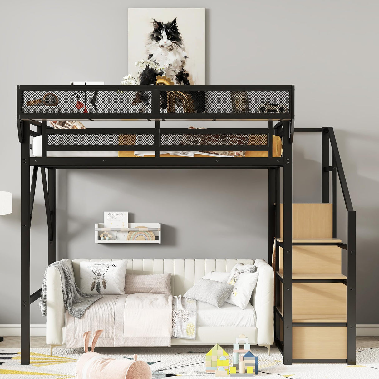 KEIKI Full Size Metal Loft Bed Frame with Staircase, Built-in Storage Shelves and Wardrobe, Modern Loft Bed with Solid Slats and Guardrail, No Box Spring Required, Easy Assembly, for Bedroom, Black KEIKI
