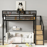 KEIKI Full Size Metal Loft Bed Frame with Convertible Staircase, Built-in Storage Shelves & Wardrobe, Loft Bed with Solid Slats & Guardrail, No Box Spring Required, Easy Assembly, for Bedroom, Black KEIKI