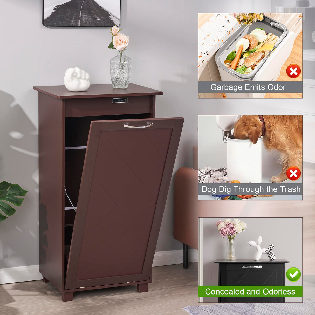 VECELO Tilt Out Kitchen Trash Bin Cabinet, Dog Proof Garbage Can with Wood Holder Free Standing Recycling, Brown VECELO