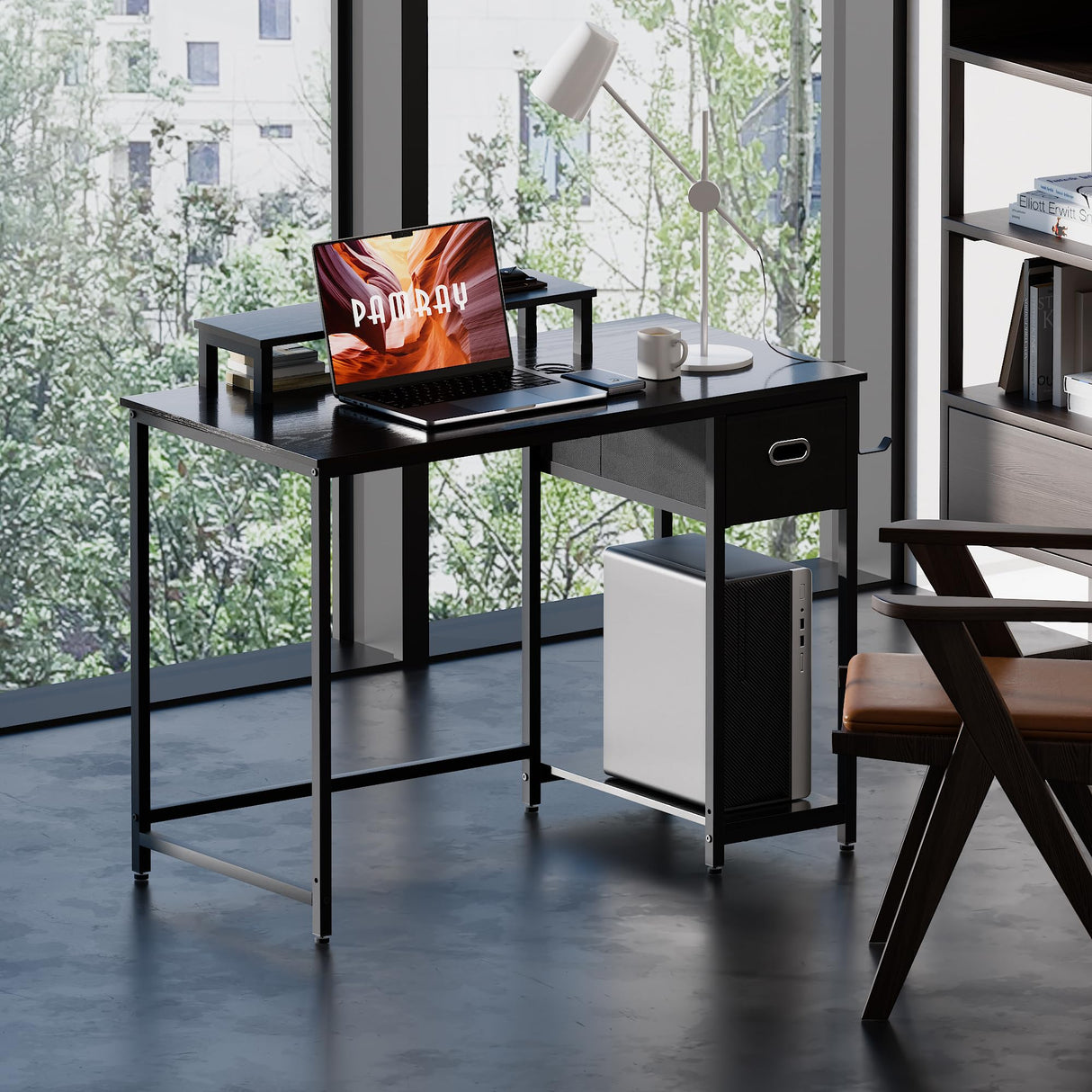 Pamray 39 Inch Computer Desk with Monitor Stand Small Home Office Desks with Non-Woven Storage Drawer for Bedroom Study Table Writing and Work Desk Black Pamray