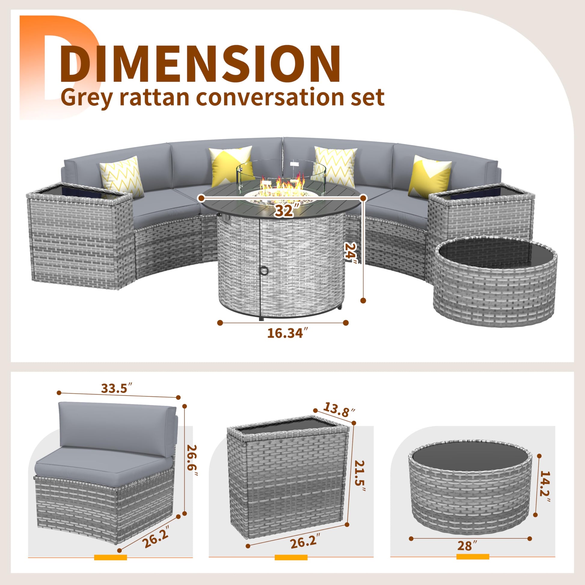 Amopatio Patio Furniture Set with Fire Pit Table, 8 Pieces Curved Patio Sectional Couch with Storage Armrest Table and 4 Pillows, Round Fire Pit Conversation Sets with Waterproof Covers (Grey - WoodArtSupply