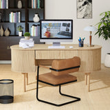 Home Office Oval Desk with Sliding Tambour Door and Drawer, Modern Fluted Wood Executive Computer Storage Desk for Study, Living Room, Bedroom, Office - Natural ORRD