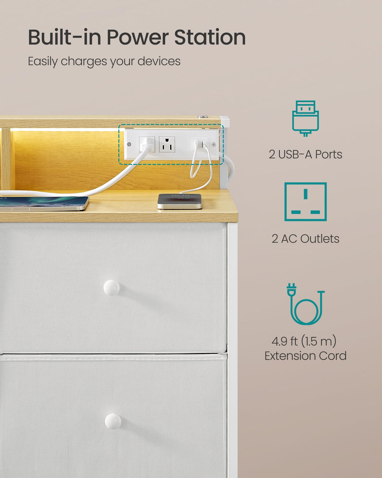 SONGMICS Dresser for Bedroom, Storage Organizer with 9 Fabric Drawers and LED Lights, Charging Station, Steel Frame, 13.2 x 44.9 x 33 Inches, Entryway, Cloud White ULTS519W01 SONGMICS