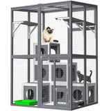 Linkhoo Large Wood Outdoor Catio Cat Enclosure with Weatherproof Roof and Food Bowl, Cat House Cage Playpen w/ 2 Jumping Platforms & 7 Napping Houses, Walk-in Kitty Kennel Indoor Condo Shelter, Grey LINKHOO