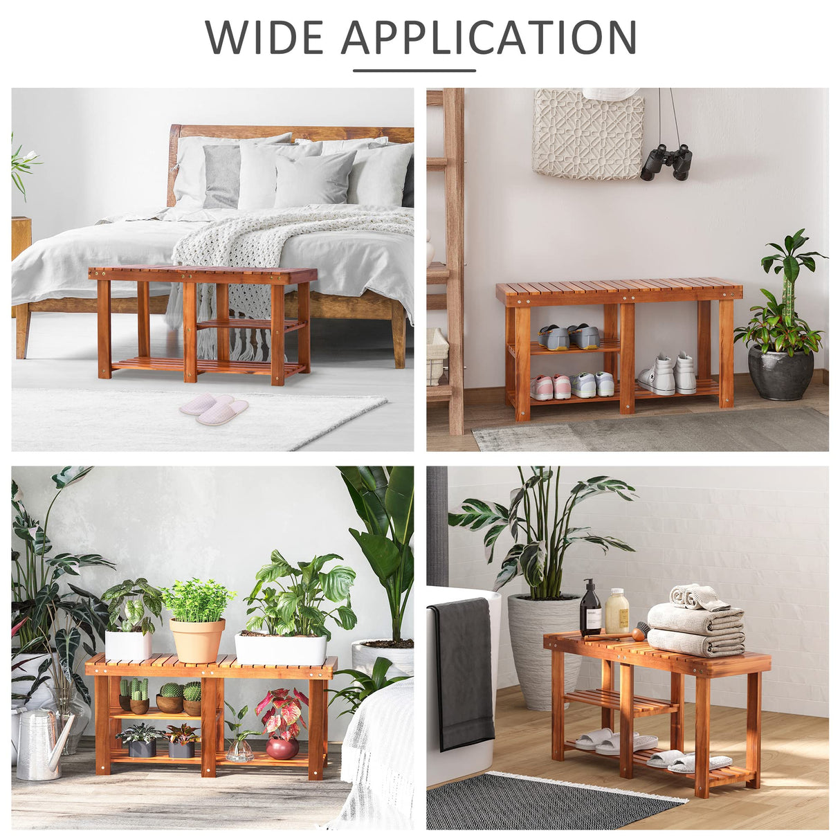 HOMCOM 3-Tier Shoe Rack Bench, Acacia Wood Shoe Organizer, Rustic Entryway Bench with Storage Shelves for Entryway, Hallway, Livingroom, Teak HOMCOM